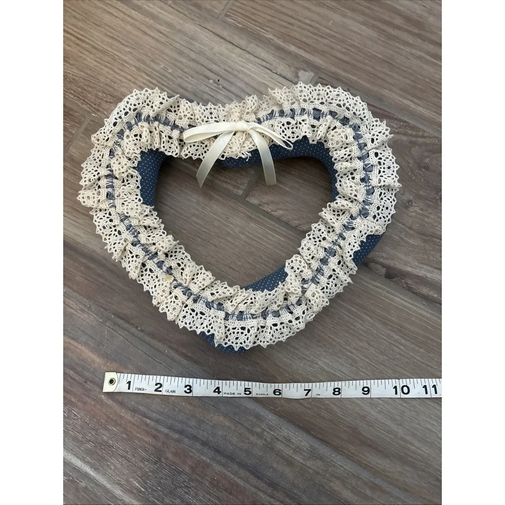 Handmade Fabric Wreath Wall Hanging 8in Blue Floral‎ Lace Cottagecore Decor